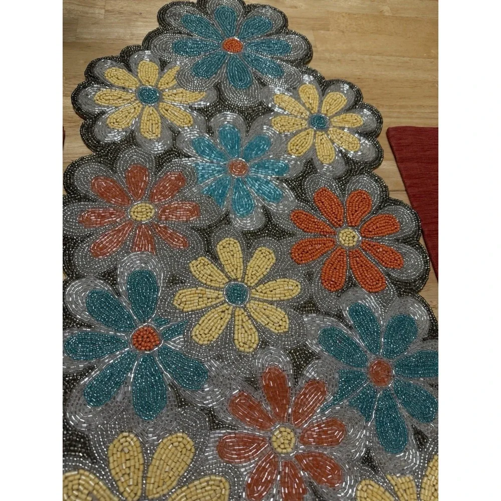 World Traveler India Hand Beaded Table Runner 13x36 Floral Boho Retro